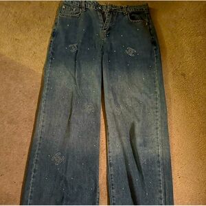 "Chanel" diamonte heat gem logo blue jeans w gem button closure